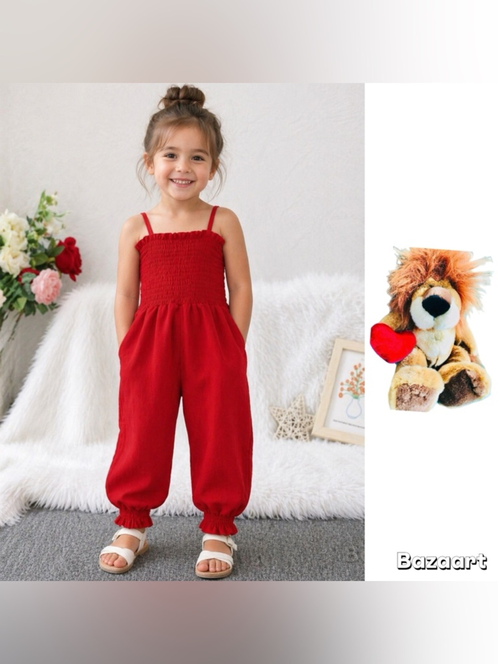 2pc SZ 6 Girls Red Ruffle Trim Cami Jumpsuit W/ Lion Heart Plush